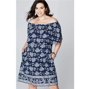 NWT! J. Jill Ocean Breeze Tiered Knit Dress, On/Off Shoulder, Blue Floral, Med